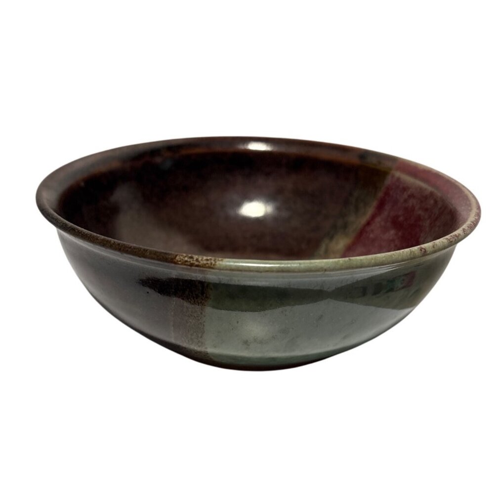 Studio Pottery Bowl With Multicolor Glaze Finish Signed 5.5" Brown Red Green